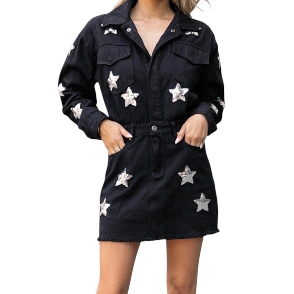 Buddy Love Black Denim Star Sequin Mini Dress Long Sleeve Button Front Medium